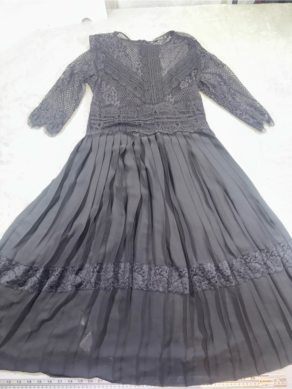 Zara Basic Black Lace Contrast Pleated Midi Dress Goth Romantic Small